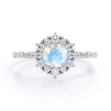 Snowflake Inspired 0.6 carat Round Moonstone and Moissanite Engagement Ring in Black Gold