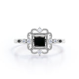 0.65 Carat Princess cut Lab Black Diamond Flower Engagement Ring in Rose Gold