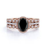 1.75 Carat Oval cut Lab Black Diamond Trio Wedding Ring Set for Women in Rose Gold