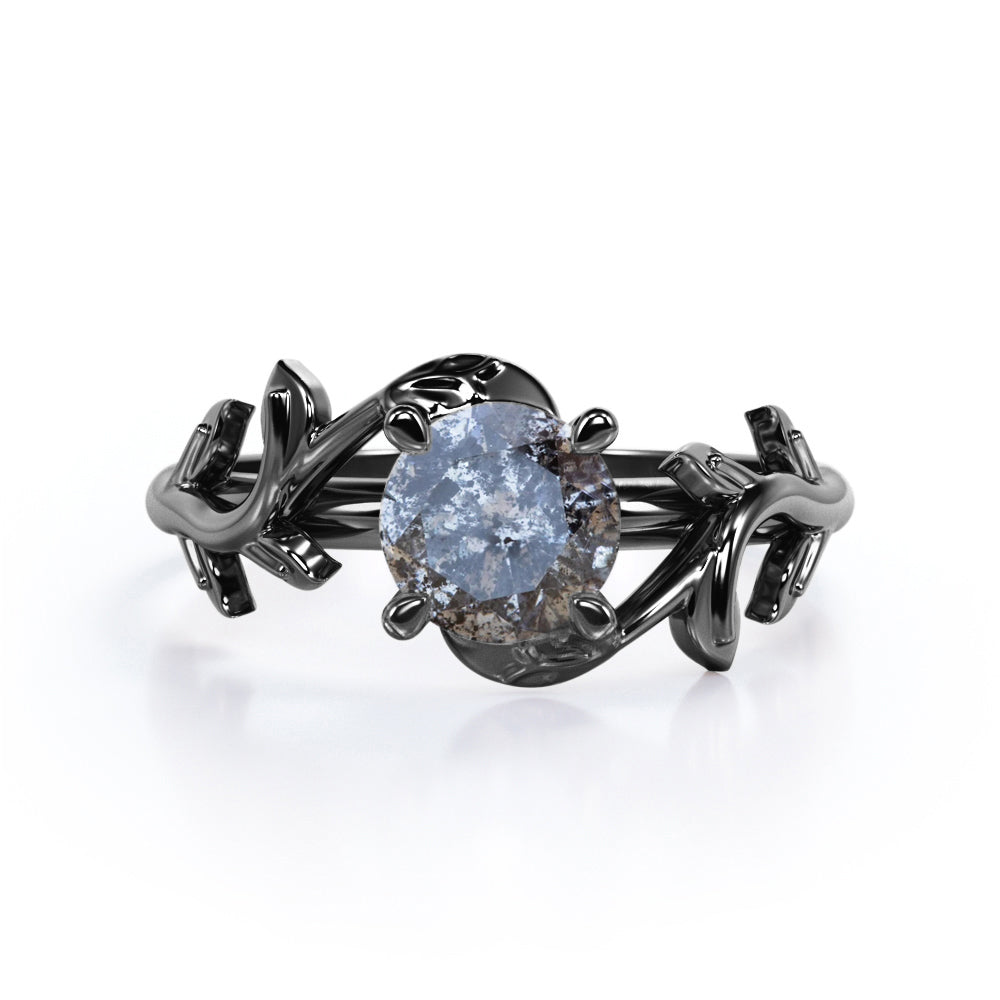 Solitaire 0.50 Carat Round Cut Natural Salt and Pepper Diamond Nature Inspired Engagement Ring In White Gold