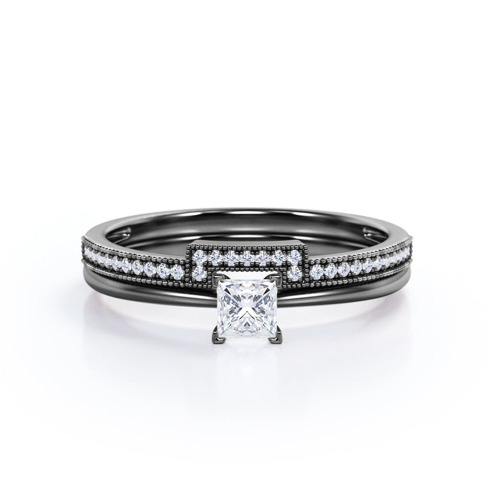 Unique Four Prong 0.55 Carat Princess Cut Diamond Antique Milgrain Bridal Set In White Gold