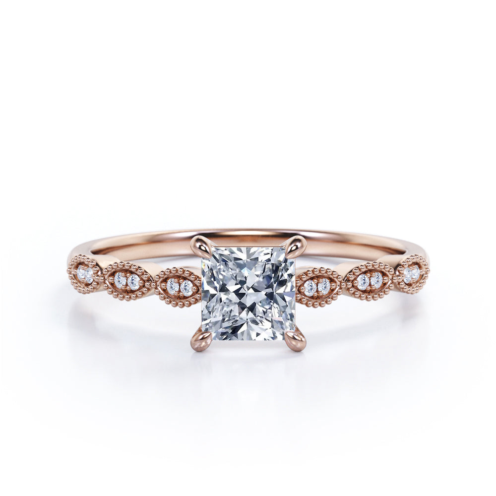 Vintage Bead Décor 0.6 carat Princess Moissanite and Diamond Promise Ring in Black Gold For Her