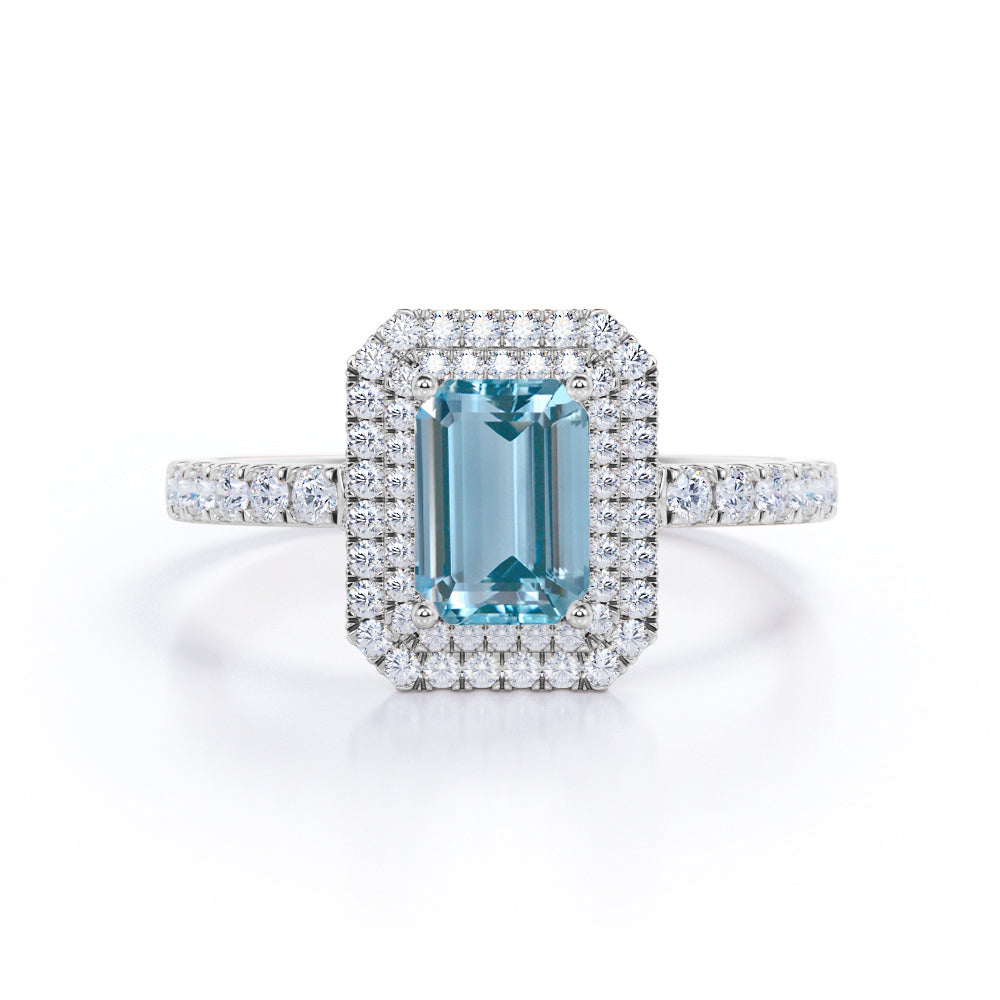 Double Halo 1.75 ct Emerald Aquamarine Engagement Ring