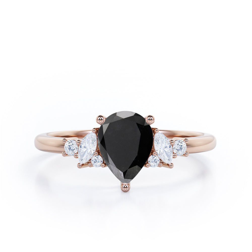Fashionable 7 Stones 0.6 carat Pear Black Diamond Engagement Ring in White Gold