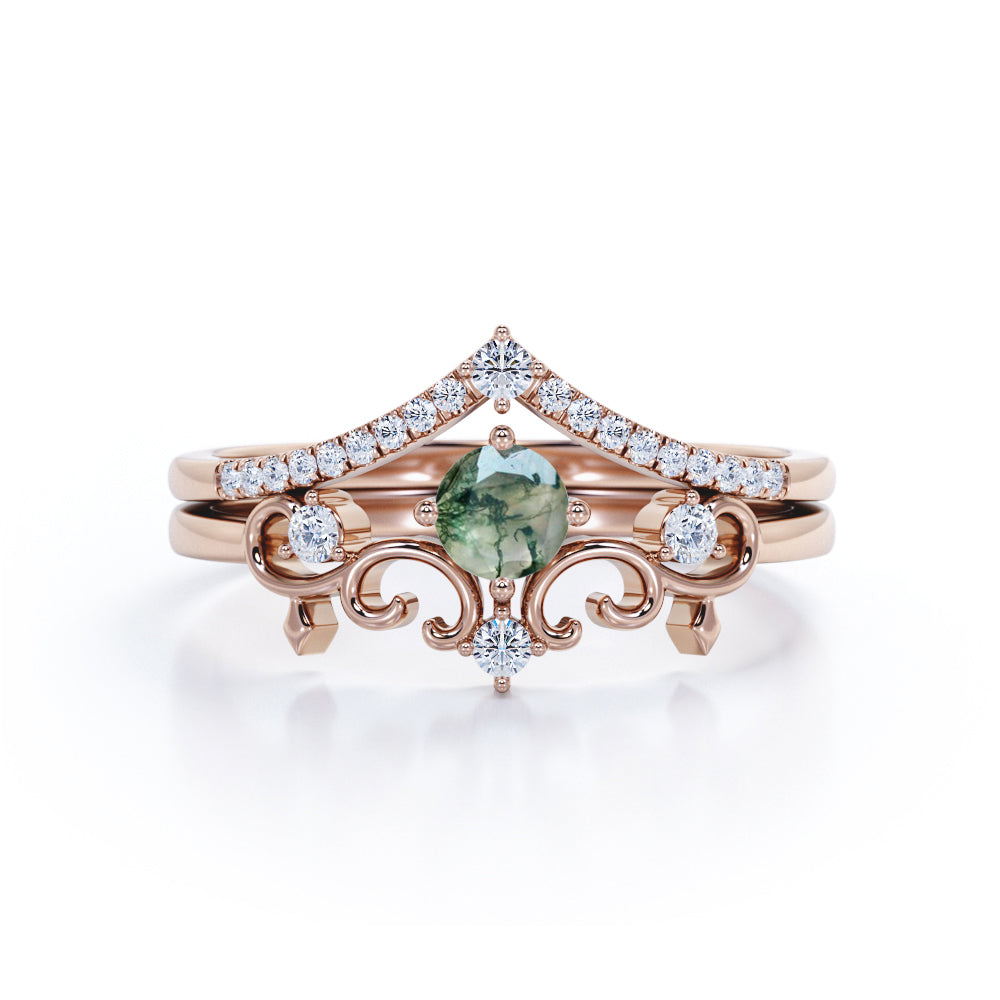 Decorative Nestled Ring 0.7 carat Round Moss Agate and Moissanite Bridal Ring Set in White Gold