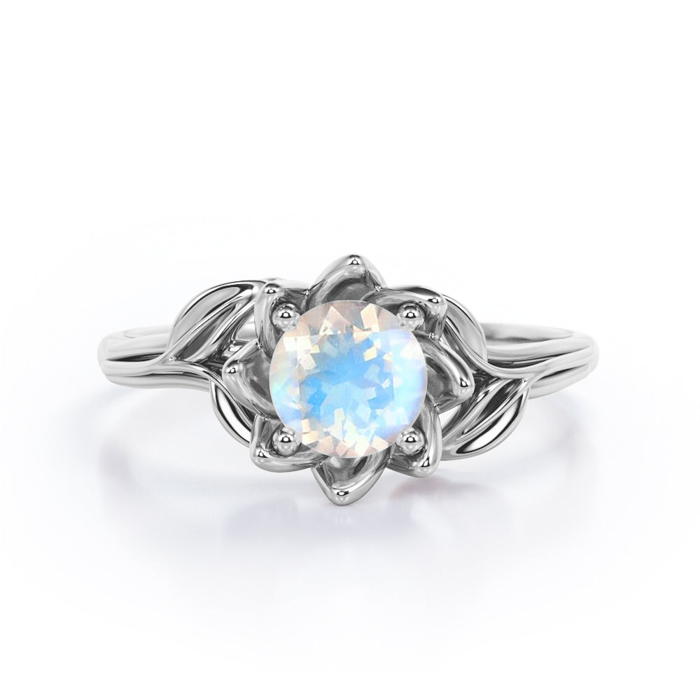 Floral Pattern 1 Carat Round Cut Moonstone Nature Inspired Solitaire Engagement Ring In Rose Gold