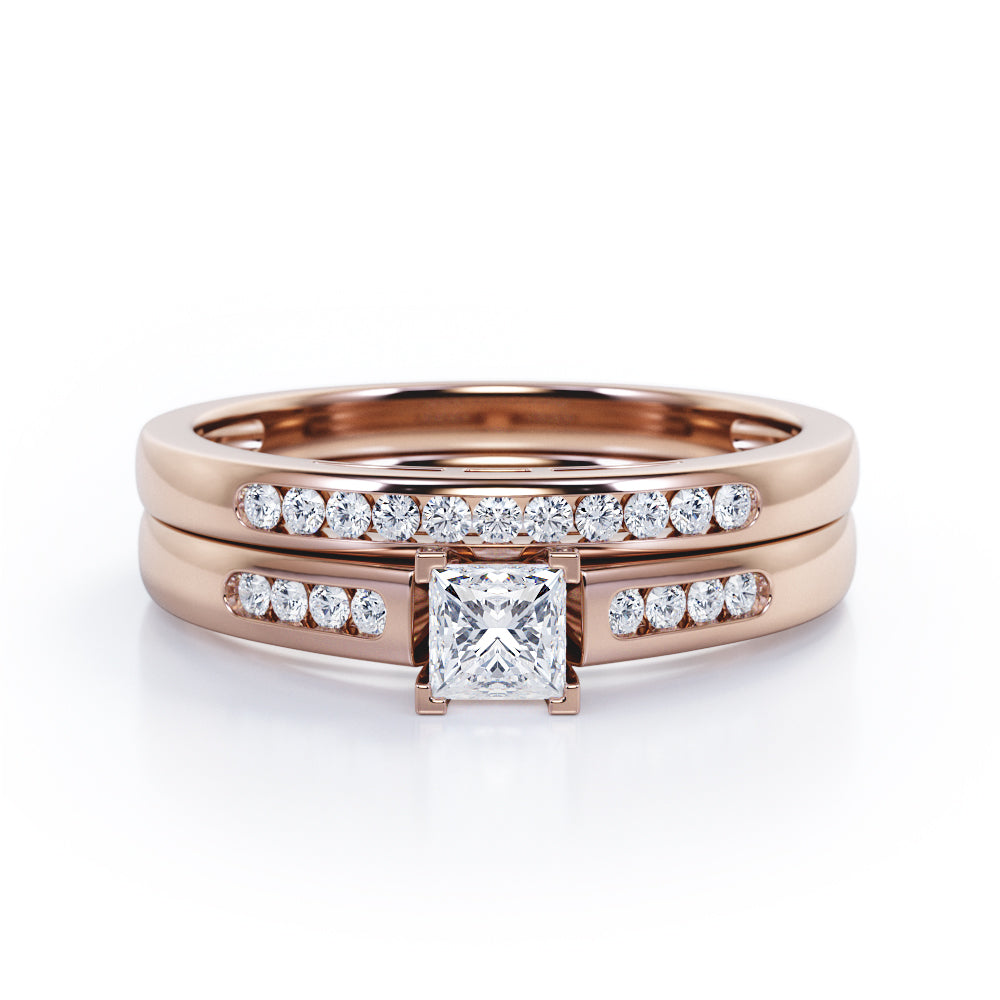 Minimalist 4-Prong Cathedral 0.5 TCW Princess Cut Diamond Flush Pave Bridal Ring Set in 10K White Gold