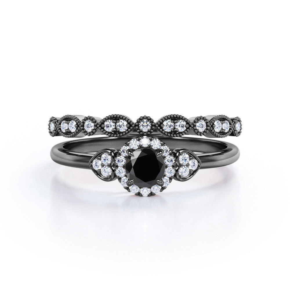 1.35 Carat Round Cut Lab Grown Black Diamond Halo Wedding Ring Set In White Gold