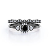 1.35 Carat Round Cut Lab Grown Black Diamond Halo Wedding Ring Set In White Gold
