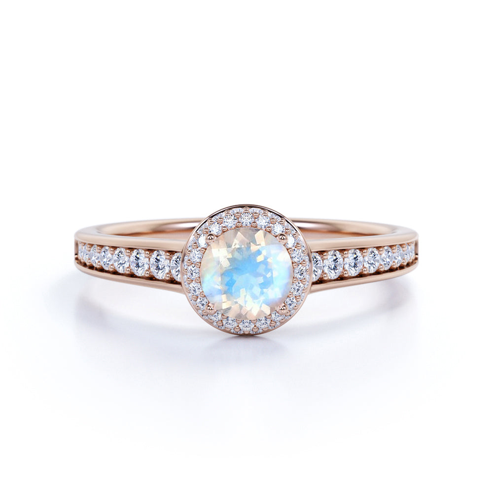 1.25 Carat Round Moonstone Halo Ring in White Gold - Rainbow Moonstone Wedding Ring