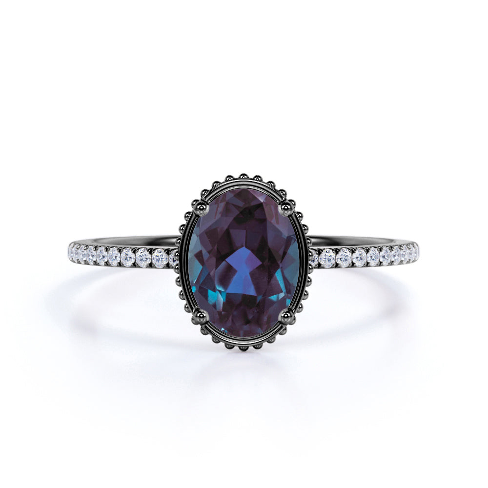 Solitaire Bezel Set 1.25 Carat Oval Cut Simulated Color Changing Alexandrite and Diamond Pave Engagement Ring