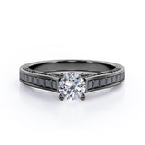 1.4 TCW Round Shape Moissanite with Lab Created Black Diamond - Pave and Channel - Cathedral Engagement Ring in White Gold
