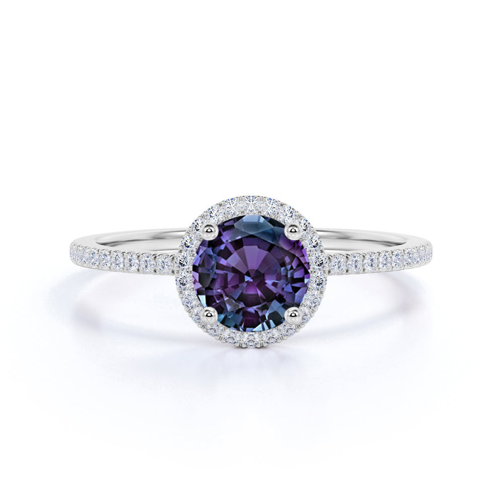 Minimalist Halo 1.50 Carat Round Cut Simulated Alexandrite and Diamond Pave Engagement Ring