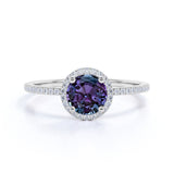 Minimalist Halo 1.50 Carat Round Cut Simulated Alexandrite and Diamond Pave Engagement Ring