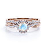 1.75 Carat Round Rainbow Moonstone and Diamond Halo Wedding Ring Set in Rose Gold