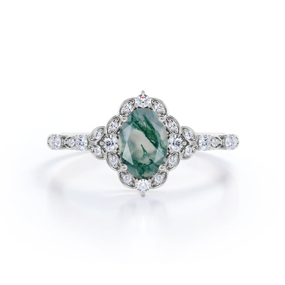 Unique Floral Design 1.50 Carat Oval Cut Dendritic Milky White Moss Green Agate and Diamond Art Deco Engagement Ring in Rose Gold