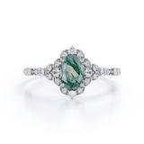 Unique Floral Design 1.50 Carat Oval Cut Dendritic Milky White Moss Green Agate and Diamond Art Deco Engagement Ring in Rose Gold