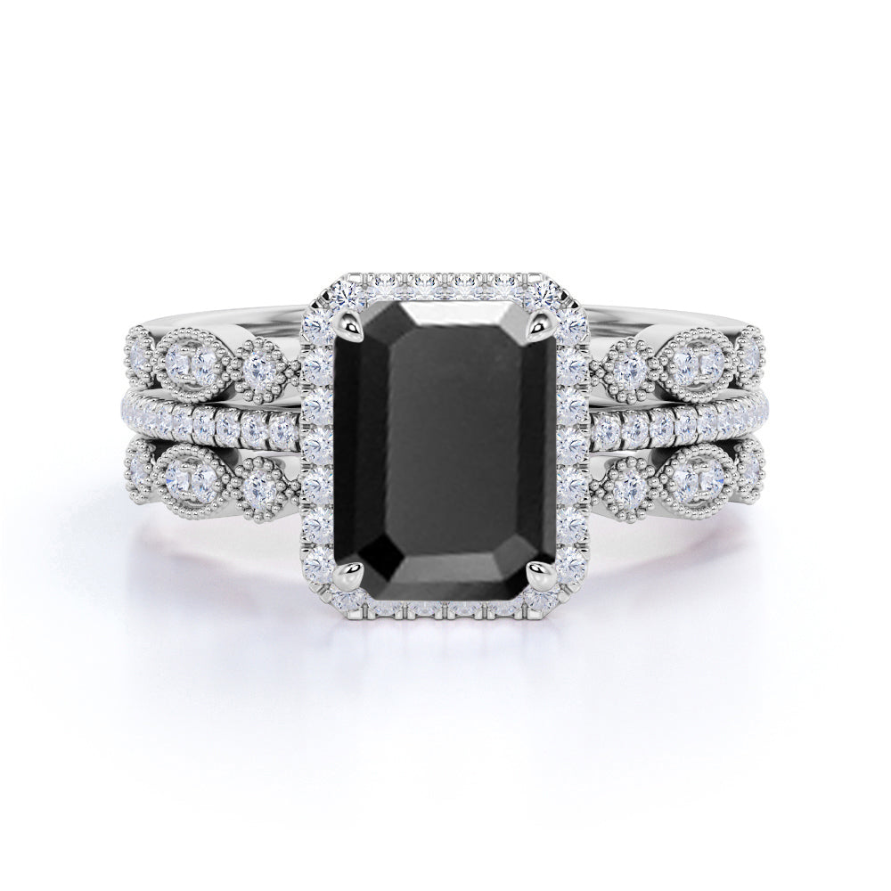 2 ct Trio Lab Black Diamond Vintage Wedding Ring Set