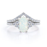 Chevron Pave Set 1.55 Carat Hexagon Cut White Fiery Opal And Diamond V Shaped Wedding Ring Set In Black Gold