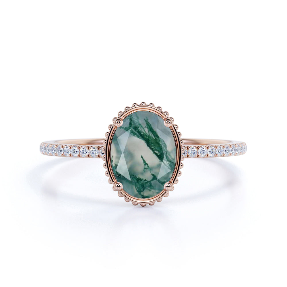 Classic Bezel Set 1.25 Carat Oval Cut Milky Finely Veined Moss Green Agate and Diamond Pave Engagement Ring in White Gold for Women