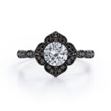 Milgrain Flower Cluster 1.5 TCW Round Brilliant Cut Moissanite with Lab Created Black Diamond Filigree Engagement Ring in White Gold