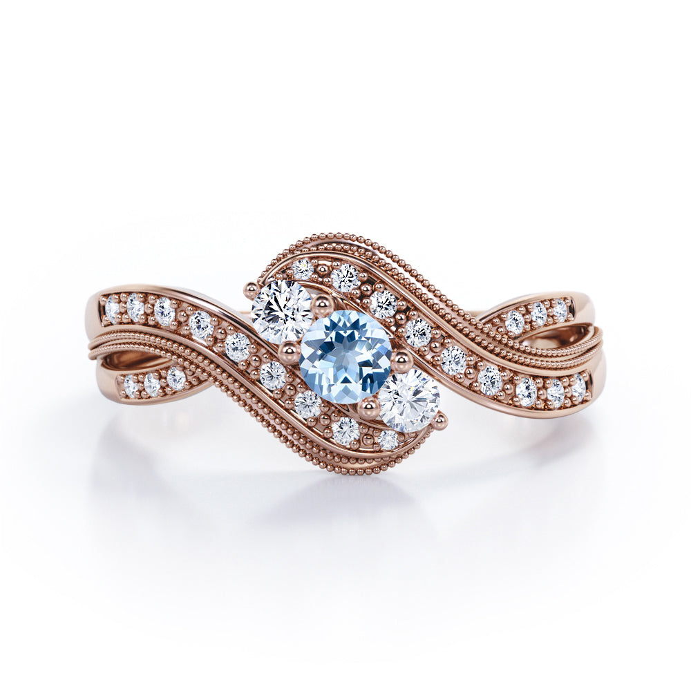 Double Milgrain Curve Infinity 0.7 carat Round Aquamarine and Moissanites Engagement Ring in White Gold