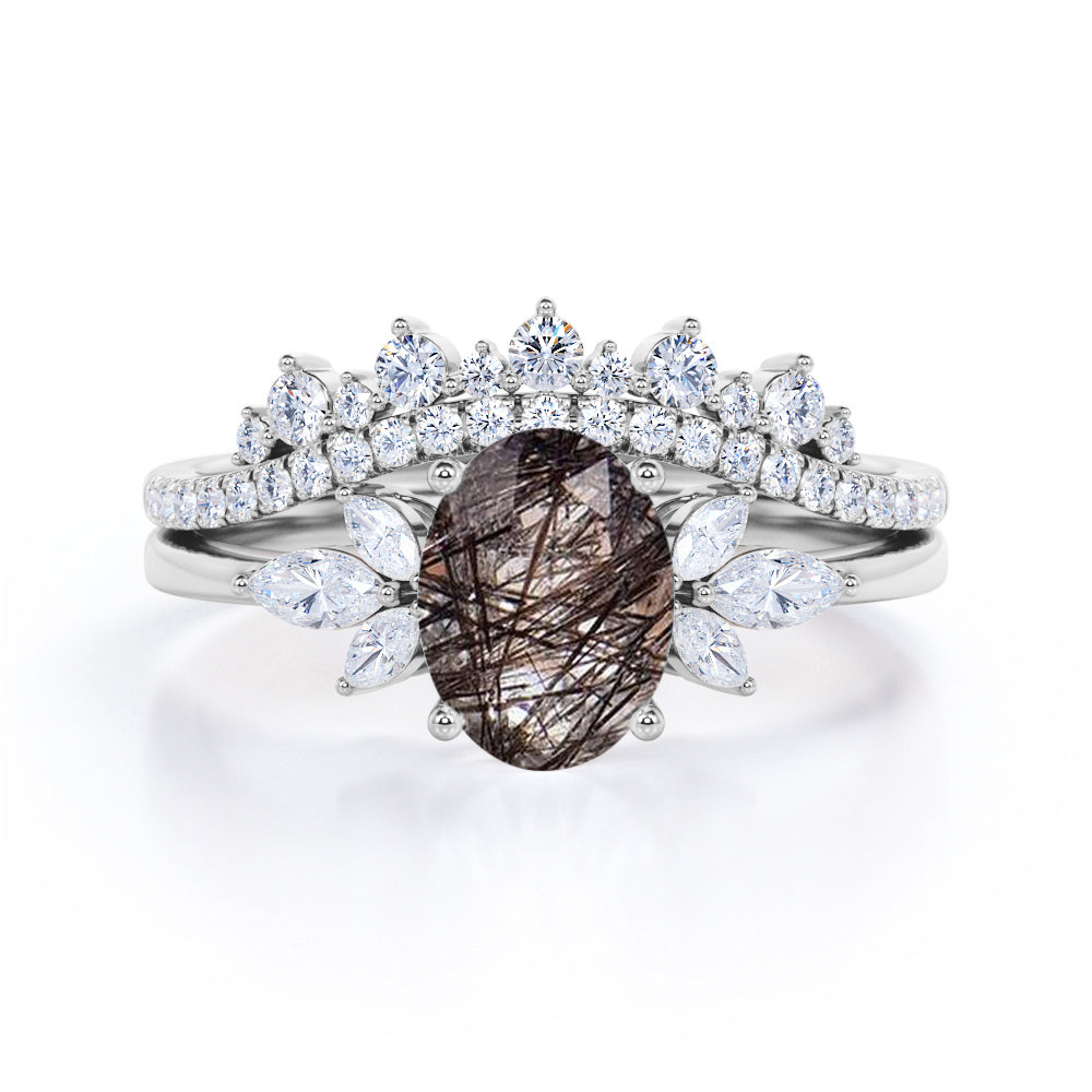 Nature Inspired 1.60 Carat Oval Cut Genuine Black Rutilated Quartz And Diamond Seven Stone Pave Bridal Set In Rose Gold