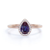 Simple Plain Shank 1.25 Carat Pear Shape Lab Alexandrite and Diamond Halo Engagement Ring for Her