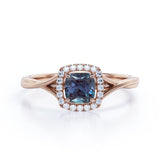 Unique 1.25 Carat Cushion Cut Lab Created Alexandrite And Diamond Split Shank Engagement Ring In White Gold