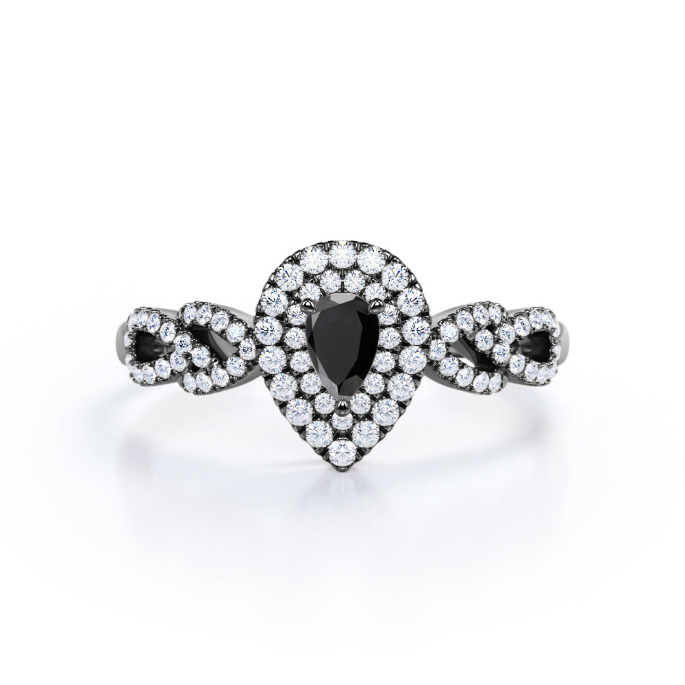 1.67 Carat Pear Cut Lab Grown Black Diamond Double Halo Engagement Ring In White Gold