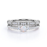 Beaded 1.50 Carat Round Cut Natural Opal And Diamond Vintage Inspired Art Deco Bridal Set In White Gold