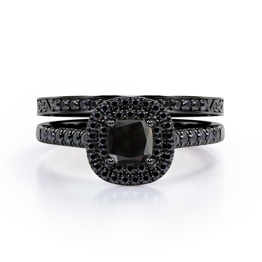 Filigree Scalloped Pave 1.65 TCW Princess Cut Lab Created Black Diamond Double Halo Style Wedding Ring Set in White Gold