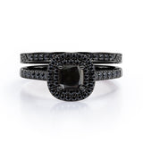Filigree Scalloped Pave 1.65 TCW Princess Cut Lab Created Black Diamond Double Halo Style Wedding Ring Set in White Gold