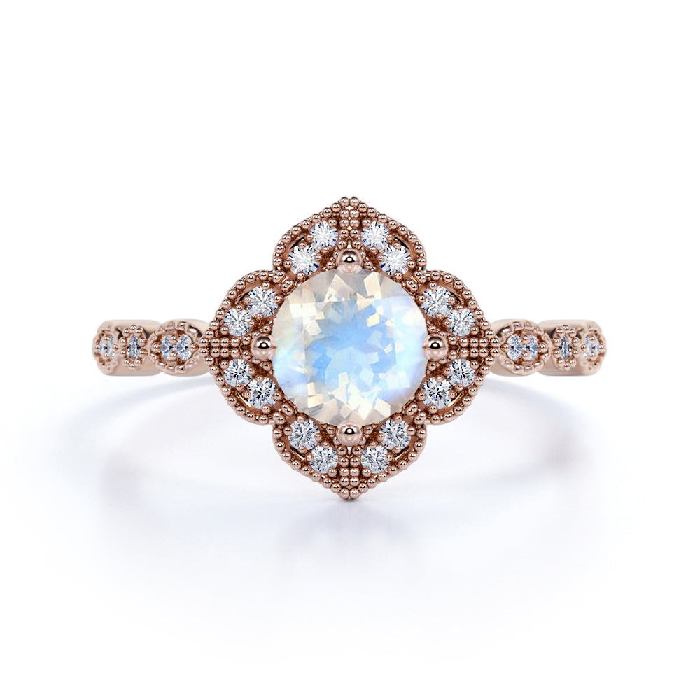 Flower Shape 1.10 Carat Round Rainbow Cut Moonstone Ring with Authenti ...