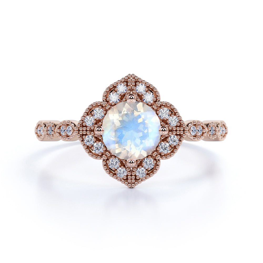 Flower 1.1 ct Round Moonstone Engagement Ring