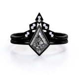Chevron 1.15 Carat Kite Shaped Dark Black Rutilated Quartz And Diamond Bezel Set V Style Wedding Ring Set In Black Gold