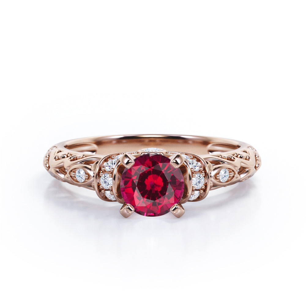 Unique Four Prong 1.15 Carat Round Cut Lab-Created Ruby And Diamond Art Deco Engagement Ring In White Gold