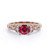 Unique Four Prong 1.15 Carat Round Cut Lab-Created Ruby And Diamond Art Deco Engagement Ring In White Gold