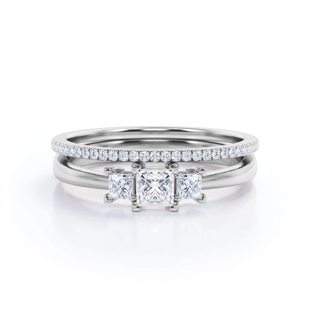 Classic Minimal 1.25 carat Princess Moissanite and Diamond Wedding Set in Rose Gold.