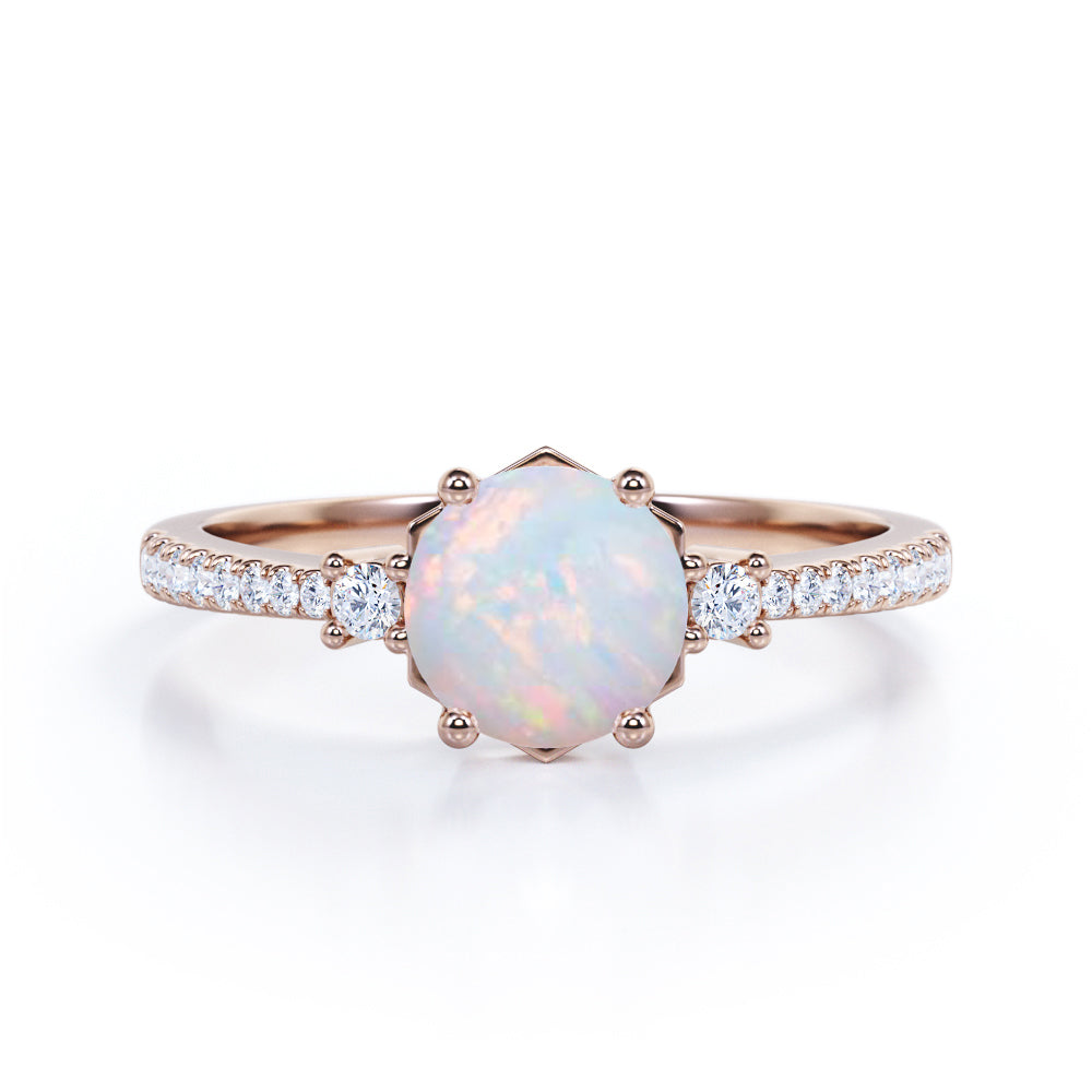 Hexagon Set 1.35 Carat Brilliant Round Ethiopian Opal And Diamond Pave Engagement Ring In White Gold.