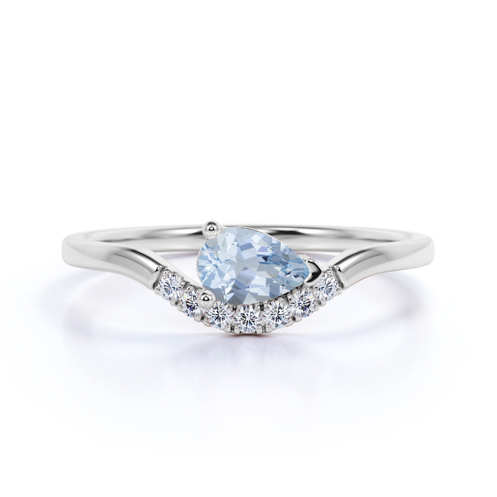 East West 1 Carat Teardrop Aquamarine and Diamond Curved Engagement Ring in Rose Gold