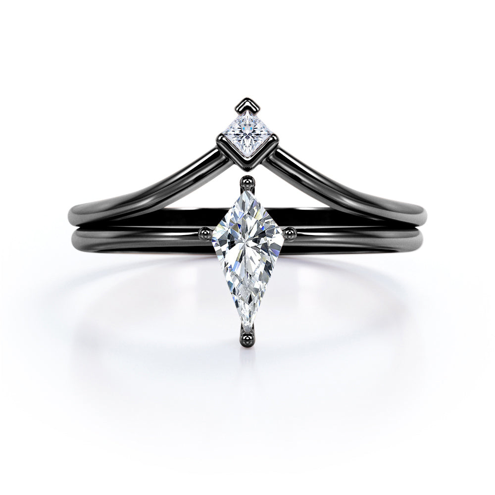 Minimal Dainty Two Stones 1.1 carat Kite Moissanite and Diamond Bridal Ring Set in Rose Gold