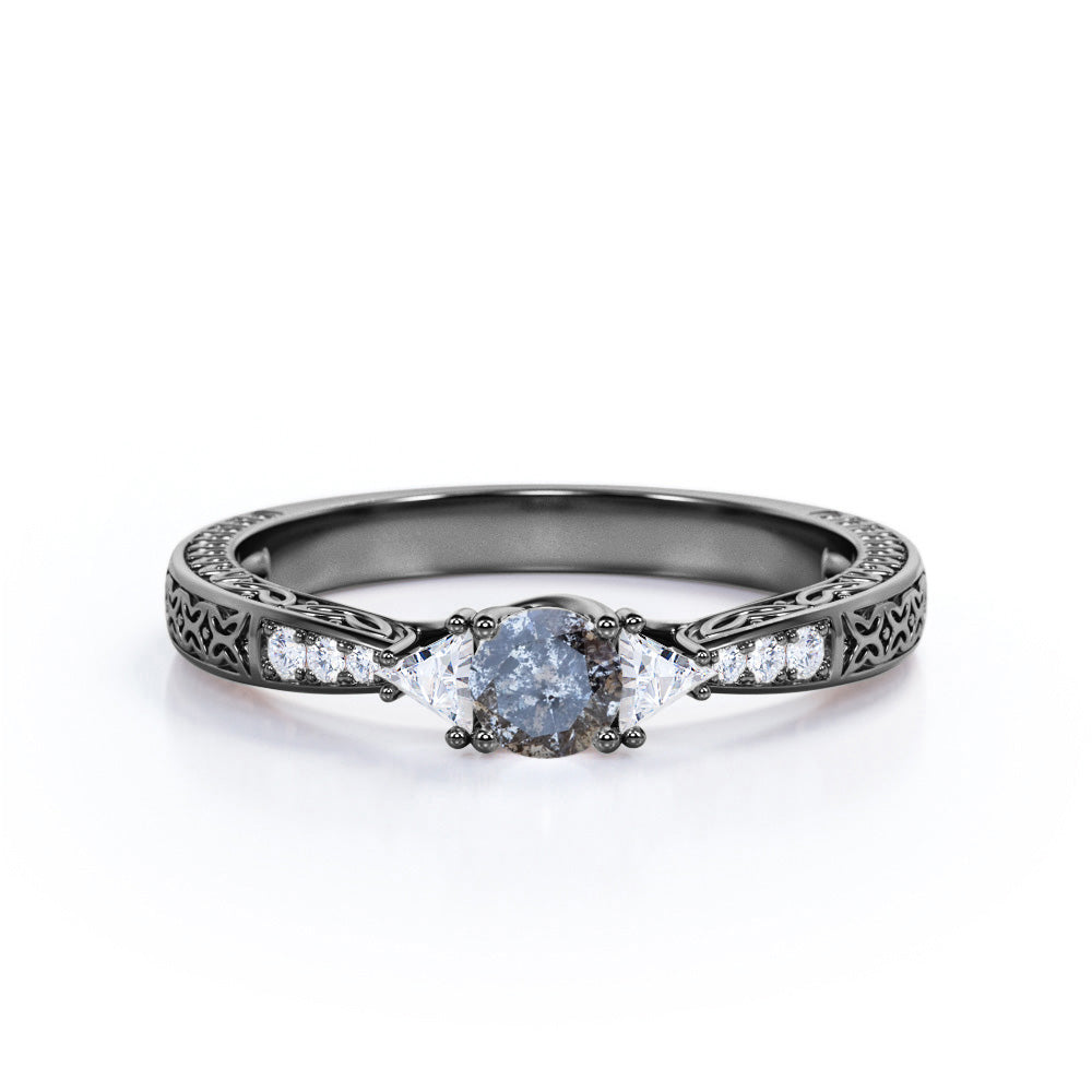 0.45 Ct Round Salt and Pepper Diamond Cut Filigree Engagement Ring