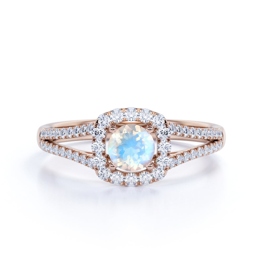 Antique Art Deco 1.25 Carat Round Cut Rainbow Moonstone Ring with Authentic Diamond in White Gold