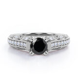Beaded Four Prongs 1.40 Carat Round Cut Black Diamond Antique Art Deco Engagement Ring In White Gold