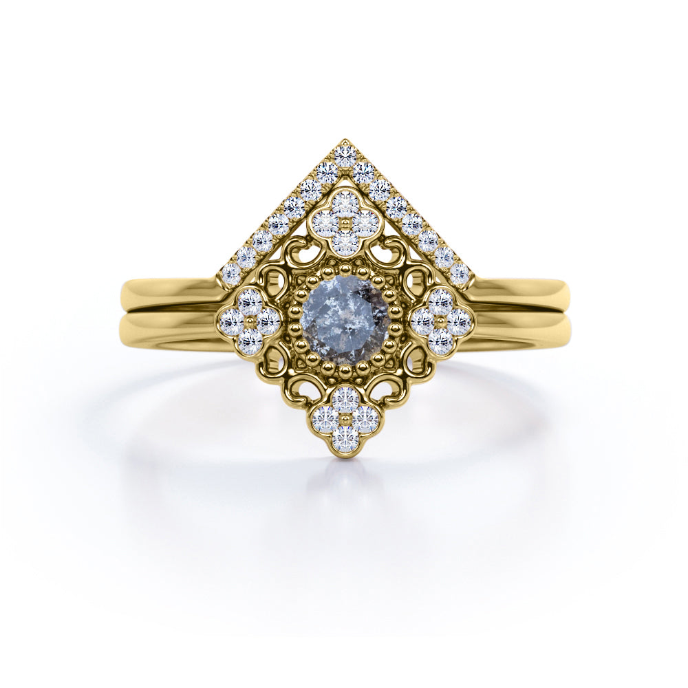 Antique Floral Bezel 1 Carat Round Cut Fancy Dark Grey Salt and Pepper Diamond and Contour Pave Band Bridal Set Rings