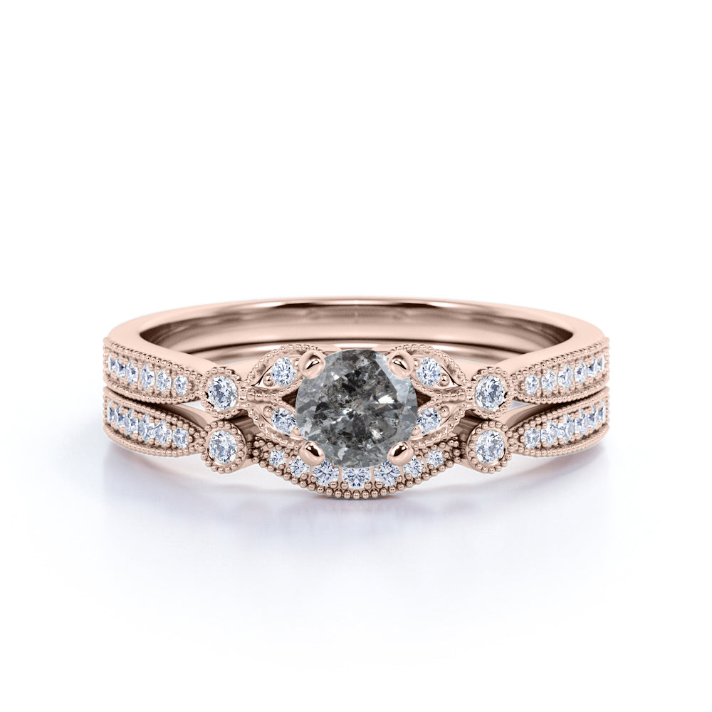 Milgrain 1.25 Ct Round Cut Salt and Pepper Diamond Bridal Set