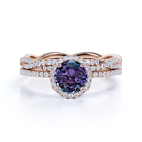 Infinity Halo 2 Carat Round Cut Simulated Alexandrite and Diamond Eternity Modern Wedding Ring Sets