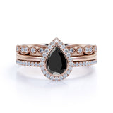 Bestselling 1.65 Carat Pear cut Lab Black Diamond Halo Trio Wedding Bridal Ring Set in White Gold