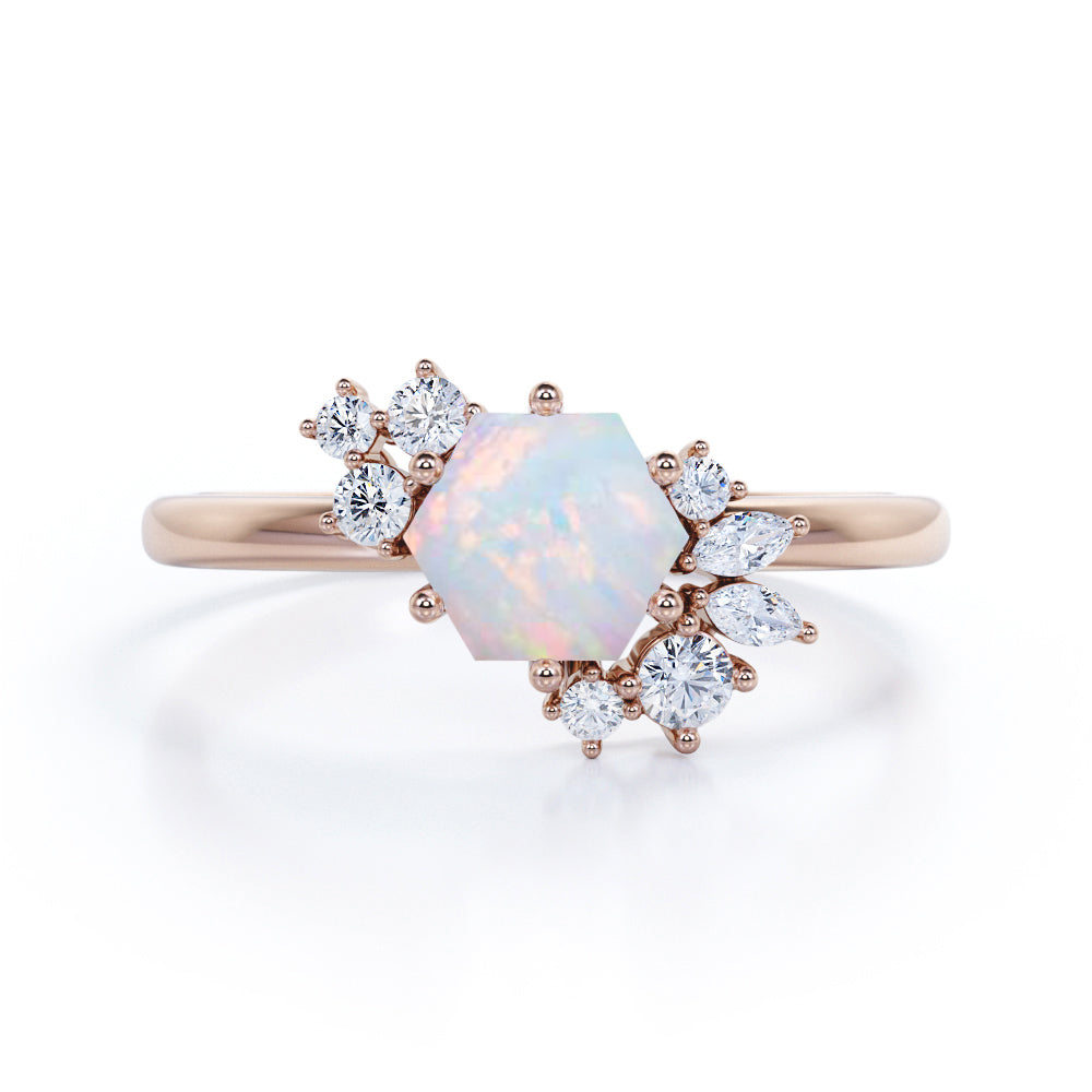 1.35 Ct Hexagon Cut Lab Created Opal Cluster Engagement Ring